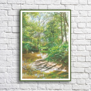 Waldbach Kreuzstich Muster Sommer Landschaft Hand Embroidery Nadelspitze Chart Großes Muster PDF Modern Cross Stitch