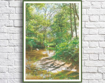 Forest stream Counted Cross Stitch Pattern Summer landscape Hand Embroidery Needlepoint Chart Big Pattern PDF Modern Cross Stitch