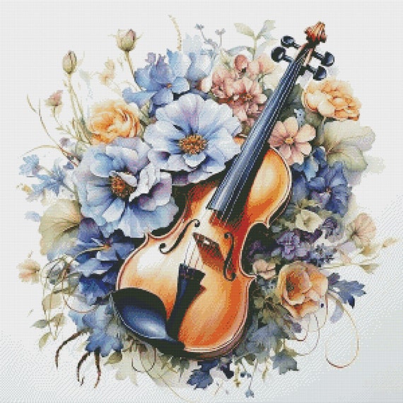Violin and Flowers Cross Stitch Pattern PDF Digital Pattern Modern