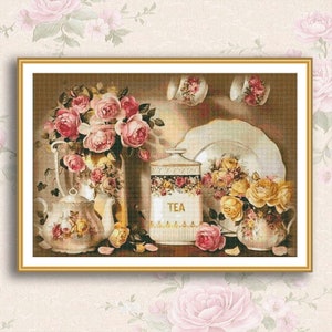 Rose theepot stilleven kruissteek patroon digitaal patroon modern decor wilde bloemen patroon boeket borduurwerk naaldpunt grafiek downloaden