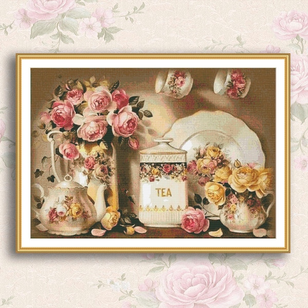 Rose Teapot Still Life Cross Stitch Pattern Digital Pattern Modern Decor Wild Flowers Pattern Bouquet Embroidery Needlepoint Chart Download