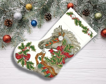 Holly Horse Christmas Stocking Counted Cross Stitch Pattern Embroidery Chart Winter Hand Decor Embroidery Needlepoint Chart Instant download