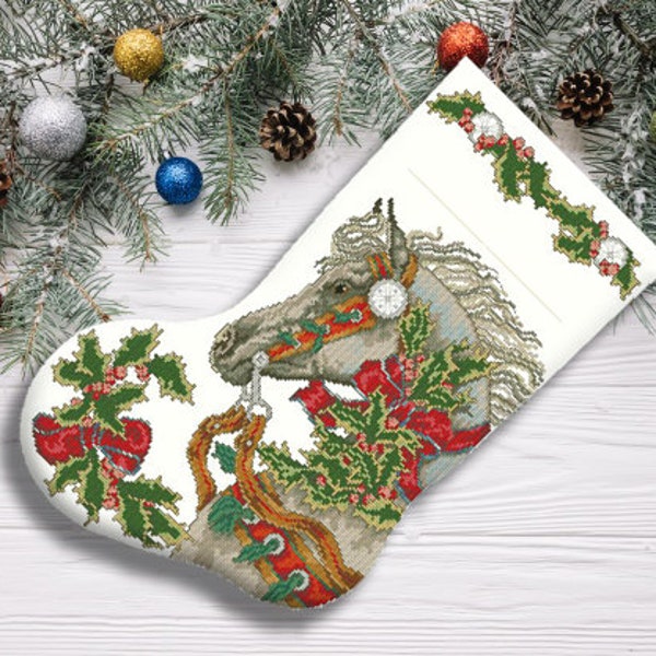 Holly Horse Christmas Stocking Counted Cross Stitch Pattern Embroidery Chart Winter Hand Decor Embroidery Needlepoint Chart Instant download