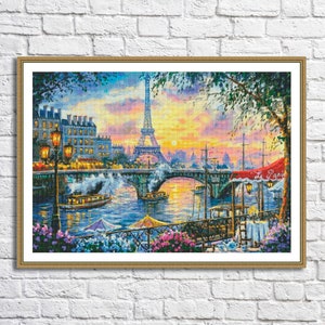 Tea Time in Paris Counted Cross Stitch Pattern Summer Landscape Pattern Hand Embroidery Needlepoint Chart Digital Pattern European City