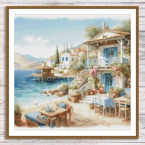 Beach Houses Counted Cross Stitch Pattern Bungalow Palms Seashore Waves Summer Beach Landscape Pattern Hand Embroidery Needlepoint chart