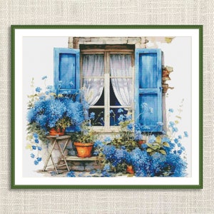 May include: A painting of a window with blue shutters and white curtains. There are blue flowers in pots on either side of the window.