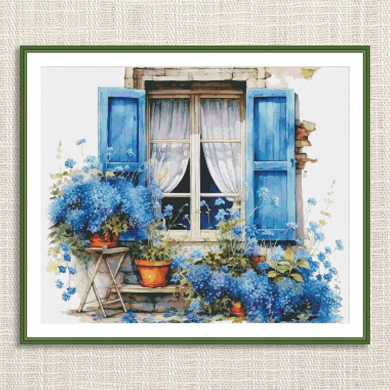 May include: A painting of a window with blue shutters and white curtains. There are blue flowers in pots on either side of the window.