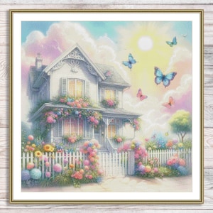 Victorian Cottage Counted Cross Stitch Pattern Summer Flowers Landscape Pattern Hand Embroidery Needlepoint Chart Cottage Digital Pattern