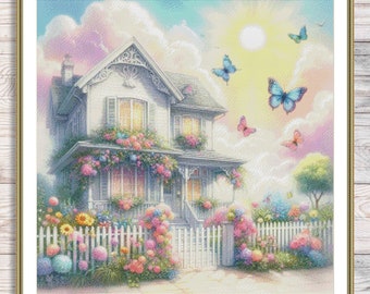 Victorian Cottage Counted Cross Stitch Pattern Summer Flowers Landscape Pattern Hand Embroidery Needlepoint Chart Cottage Digital Pattern