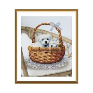 Counted Cross Stitch Kit Pair of puppies in a basket I give love  Home Wall Decor Hand Embroidery White Bow Lace doily Small white dogs