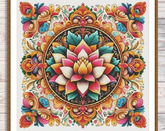 マンダラクロスステッチパターン蓮の花のパターンモダン刺繍パターン民族マンダラデザイン針仕事チャート色スペクトル