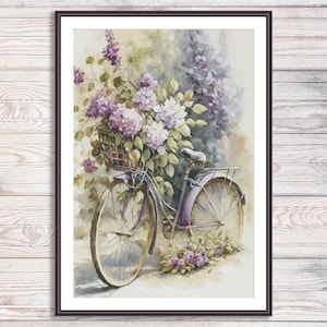 Bloeiende fiets kruissteekpatroon paarse bloemen tuin bloemen digitaal patroon modern decor wilde bloemen patroon boeket naaldpunt