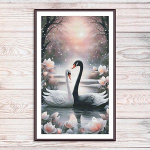 Pair of Swans Cross Stitch Pattern White Swan Birds Xstitch Pattern Animal Embroidery Needlepoint Chart PDF Swan Wings Pink Lotuses Flowers