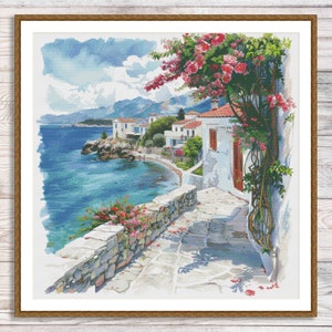 Scenic Greece Counted Cross Stitch Pattern Cozy Town Village Cottage Flowers Floral House Hand Needlepoint Building Summer Landscape