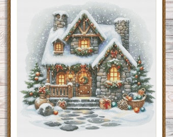 Christmas House Counted Cross Stitch Pattern Christmas Tree Winter Landscape Holidays Hand Embroidery Needlepoint Chart Cottage PDF