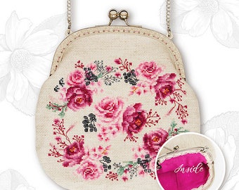 Counted Cross Stitch Kit Embroidered cosmetic bag Pink Roses Ladies small holdall Travel purse Ladies organiser Cellphone accessory