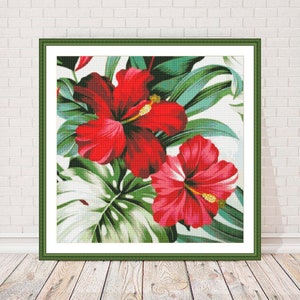 Hibiscus Cross Stitch Pattern Floral Pattern Modern Decor Red Tropical Flower Pattern Bouquet Embroidery Needlepoint chart