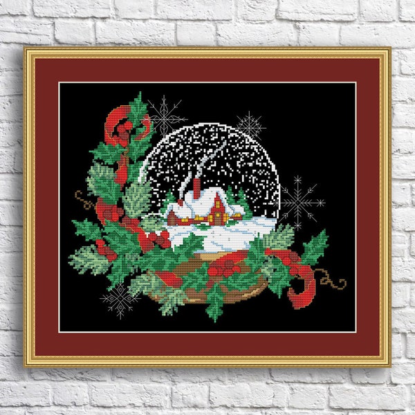 Snow Globe Counted Cross Stitch Pattern PDF Christmas Tree Embroidery Winter Landscape Hand Xstitch Embroidery Chart Needlepoint Chart DIY