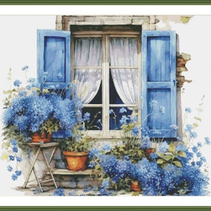 May include: A painting of a window with blue shutters and a view of a garden with blue flowers. The window is framed by a wooden frame and has a white curtain. The garden is filled with blue flowers and green leaves.