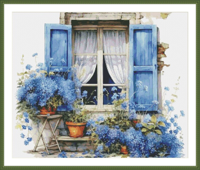 May include: A painting of a window with blue shutters and a view of a garden with blue flowers. The window is framed by a wooden frame and has a white curtain. The garden is filled with blue flowers and green leaves.
