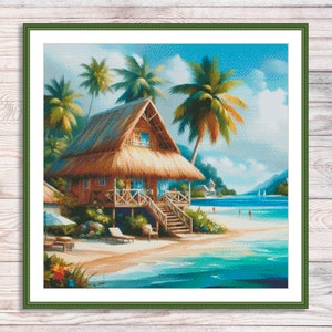 Beach Houses Counted Cross Stitch Pattern Bungalow Palms Seashore Waves Summer Beach Landscape Pattern Hand Embroidery Needlepoint chart