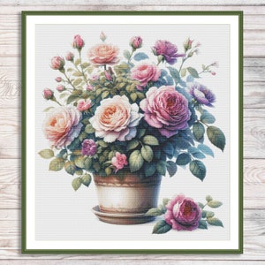Bouquet of Roses in a Vase Watercolor Roses Cross Stitch Pattern Digital Pattern Flower Pattern Floral Embroidery Needlepoint Download PDF