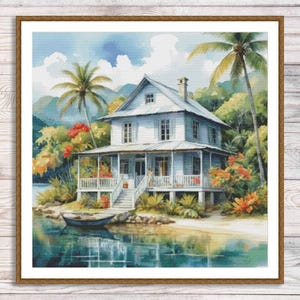 Beach Houses Counted Cross Stitch Pattern Bungalow Palms Seashore Waves Summer Beach Landscape Pattern Hand Embroidery Needlepoint chart