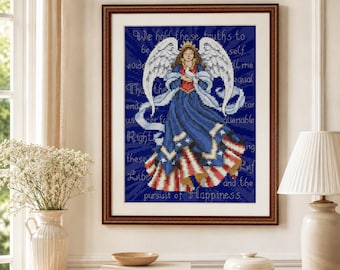 Patriotic Angel Cross Stitch Pattern Digital Pattern Girl Woman Angels Modern Wall Decor Pattern Hand Embroidery Needlepoint chart PDF
