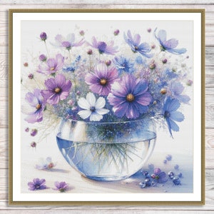 Paarse bloemen vaas kruissteekpatroon tuin bloemen digitaal patroon modern decor wilde bloemen patroon boeket borduren borduren naaldpunt