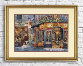 May include: A cross-stitch embroidery of a quaint Italian restaurant with a sign that reads "L'Antico Sigillo" and a table with a red and white checkered tablecloth set for two. The restaurant is located on a cobblestone street with a bicycle parked nearby.