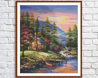 May include: A painting of a wooden cabin nestled in a forest with a river flowing in the foreground. The sky is a vibrant orange and pink sunset with a blue hue. A small boat is docked at a wooden pier.