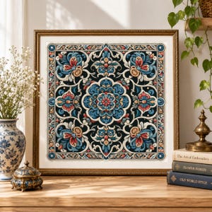 May include: A square framed wall art piece featuring a symmetrical floral mandala pattern in shades of deep blue, red, and cream against a black background. The intricate design is enclosed within a decorative border inside a gold-toned frame.