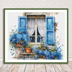 May include: A painting of a window with blue shutters and white curtains. There are blue flowers in pots on either side of the window.
