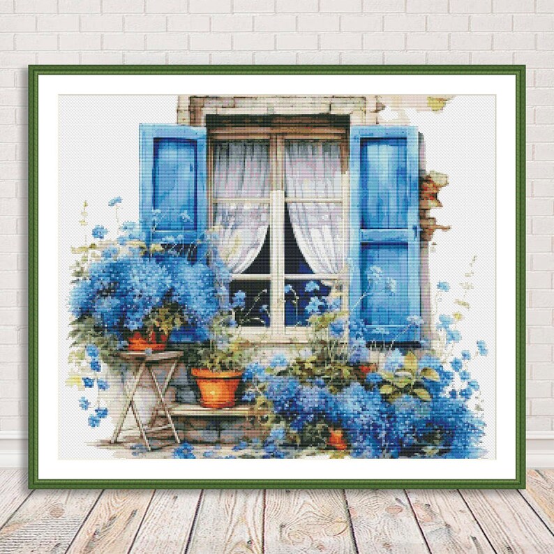May include: A painting of a window with blue shutters and white curtains. There are blue flowers in pots on either side of the window.