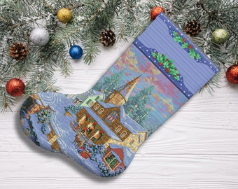 Winter Village Christmas Stocking Counted Cross Stitch Pattern Embroidery Tree Hand Stitching Decor Embroidery Chart Needlepoint Chart PDF