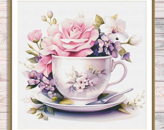 Kit Point De Croix Florashell 'Thé Tasse' - 14 Points, Motif Nourriture, Neuf, Fabrication UK