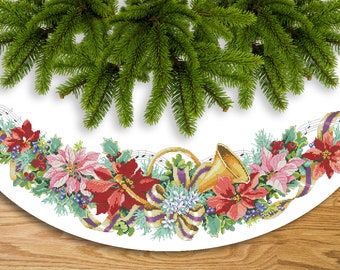 May include: A white Christmas tree skirt with a red, pink, and green floral design. The skirt features a gold musical note ribbon and a gold horn.