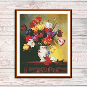 Papegaaitulpen #2 Kruissteekpatroon PDF Digitaal patroon Modern decor Wilde bloemen patroon boeket borduren borduren borduurpatroon downloaden