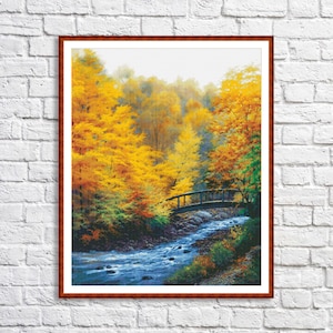 Autumn Stream Counted Cross Stitch Pattern Village Cottage Autumn forest House Hand Embroidery Needlepoint Chart Digital Pattern Building