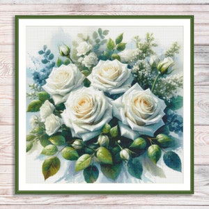 Witte rozen boeket kruissteekpatroon digitaal patroon modern decor zomerbloem bloemen borduren borduren borduurpatroon Instant download pdf