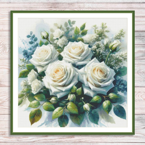 White Roses Bouquet Cross Stitch Pattern Digital Pattern Modern Decor Summer Flower Floral Embroidery Needlepoint Chart Instant Download PDF