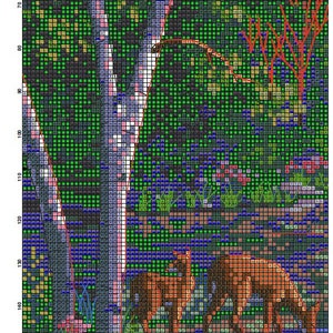 K&ouml;nnte beinhalten: Ein Kreuzstichmuster-Diagramm mit dem Titel Page 5 Cabin Fever, bestehend aus einem Raster aus Symbolen und Farben. Das Design zeigt eine Waldszene mit zwei Rehen im Vordergrund, hohen Birken und Laubwerk in einem pixeligen Format.