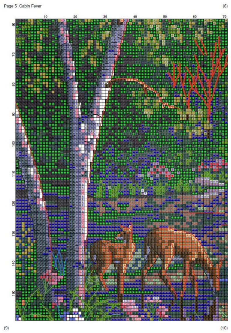 K&ouml;nnte beinhalten: Ein Kreuzstichmuster-Diagramm mit dem Titel Page 5 Cabin Fever, bestehend aus einem Raster aus Symbolen und Farben. Das Design zeigt eine Waldszene mit zwei Rehen im Vordergrund, hohen Birken und Laubwerk in einem pixeligen Format.