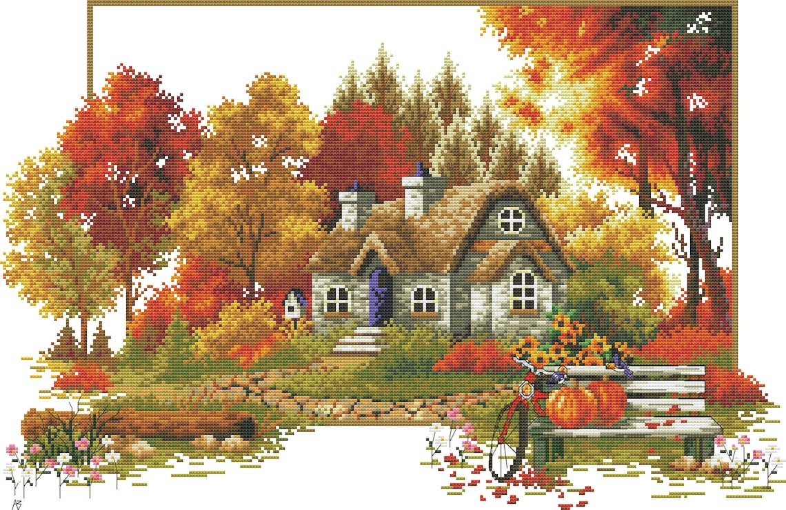 Autumn Story Counted Cross Stitch Pattern PDF Village Cottage | Etsy