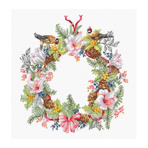 Christmas Wreath Counted Cross Stitch Kit Still life December Birds Modern Cross stitching kit Luca-S Embroidery Flower painting