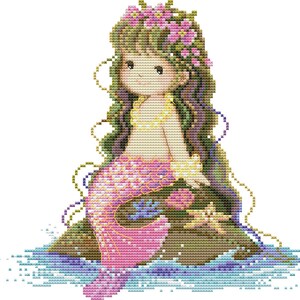 May include: A pink and purple mermaid with long brown hair and a flower crown sits on a rock with a starfish beside her. She is wearing a pearl necklace and has a pink tail.