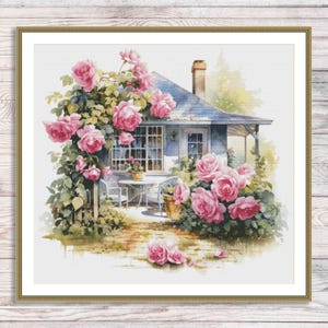 Wzór haftu krzyżykowego Dom wiejski Kwiaty ogrodowe Krajobraz letni Vintage Cottage Haft ręczny Haft krzyżykowy Wzór cyfrowy