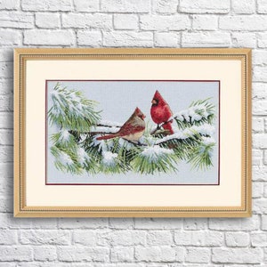 Winter Kardinäle Kreuzstich Stickmuster Schnee Winter Wald Vogel Stickmuster Nadelspitze Stickdatei Stickmuster PDF