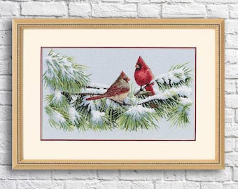 Winter cardinals Cross Stitch Pattern Snow Winter Forest Bird Pattern Animal Embroidery Needlepoint Chart Download Digital Pattern PDF