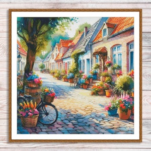Sunny Street Counted Cross Stitch Pattern Village Cottage Flowers Floral House Hand Embroidery Needlepoint Chart Building Summer Landscape